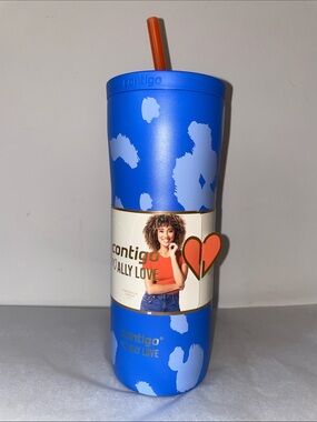 Contigo Ally Love 24 oz Blue Patterned Insulated Tumbler with Orange Straw New